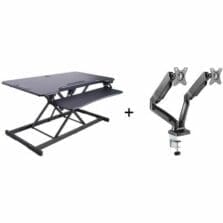 Desk Riser Bundle, Electric, Converter, FixedKeyboardTray, AC&USB Outlets, Grommet, DualMonitor, Arm, EVR, BK