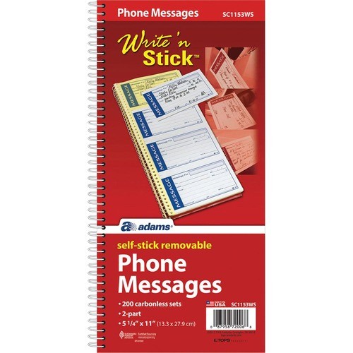 Write 'n Stick Phone Message Book, Two-Part Carbonless, 4.75 x 2.75, 4 Forms/Sheet, 200 Forms Total