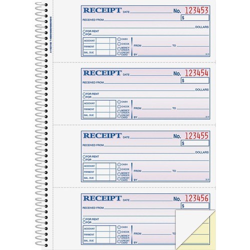 Multipart Money/Rent Receipt Book, Two-Part Carbonless, 7.13 x 2.75, 4 Forms/Sheet, 200 Forms Total