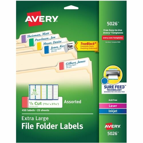 EXTRA-LARGE TRUEBLOCK FILE FOLDER LABELS WITH SURE FEED TECHNOLOGY, 0.94 X 3.44, WHITE, 18/SHEET, 25 SHEETS/PACK