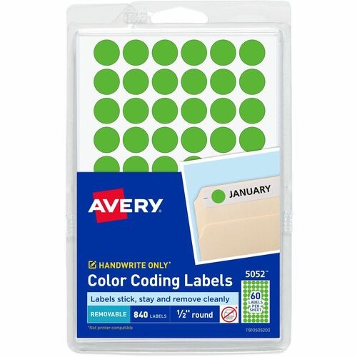 Handwrite Only Self-Adhesive Removable Round Color-Coding Labels, 0.5" dia, Neon Green, 60/Sheet, 14 Sheets/Pack, (5052)