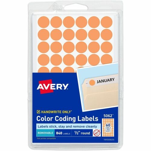 Handwrite Only Self-Adhesive Removable Round Color-Coding Labels, 0.5" dia, Neon Orange, 60/Sheet, 14 Sheets/Pack, (5062)