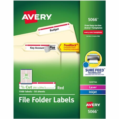 PERMANENT TRUEBLOCK FILE FOLDER LABELS WITH SURE FEED TECHNOLOGY, 0.66 X 3.44, WHITE, 30/SHEET, 50 SHEETS/BOX
