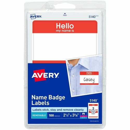 Printable Self-Adhesive Name Badges, 2 1/3 X 3 3/8, Red "hello", 100/pack