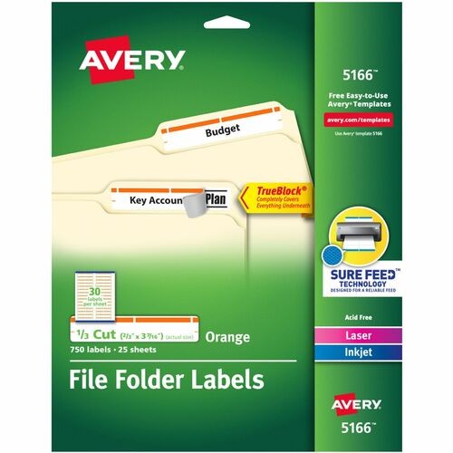 PERMANENT TRUEBLOCK FILE FOLDER LABELS WITH SURE FEED TECHNOLOGY, 0.66 X 3.44, WHITE, 30/SHEET, 25 SHEETS/PACK