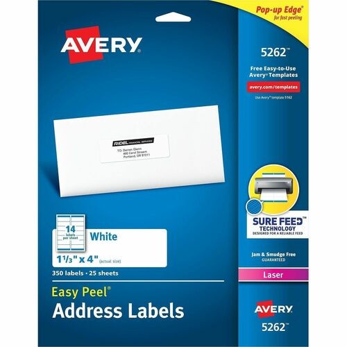 EASY PEEL WHITE ADDRESS LABELS W/ SURE FEED TECHNOLOGY, LASER PRINTERS, 1.33 X 4, WHITE, 14/SHEET, 25 SHEETS/PACK