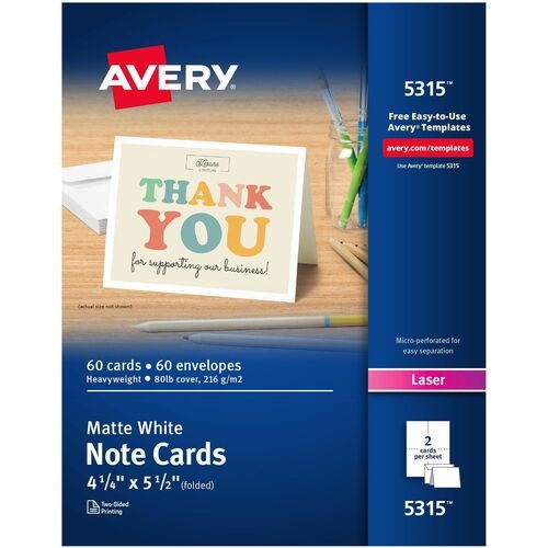 Note Cards with Matching Envelopes, Laser, 80 lb, 4.25 x 5.5, Uncoated White, 60 Cards, 2 Cards/Sheet, 30 Sheets/Pack