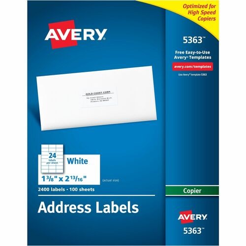 COPIER MAILING LABELS, COPIERS, 1.38 X 2.81, WHITE, 24/SHEET, 100 SHEETS/BOX
