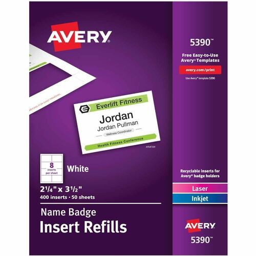 NAME BADGE INSERT REFILLS, HORIZONTAL/VERTICAL, 2 1/4 X 3 1/2, WHITE, 400/BOX