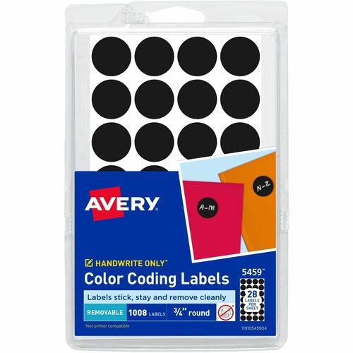 Handwrite Only Self-Adhesive Removable Round Color-Coding Labels, 0.75" dia, Black, 28/Sheet, 36 Sheets/Pack, (5459)