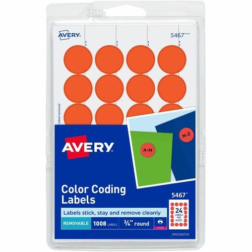 Printable Self-Adhesive Removable Color-Coding Labels, 0.75" dia, Neon Red, 24/Sheet, 42 Sheets/Pack, (5467)