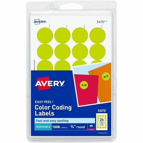 Printable Self-Adhesive Removable Color-Coding Labels, 0.75" dia, Neon Yellow, 24/Sheet, 42 Sheets/Pack, (5470)