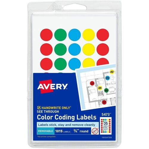 Handwrite-Only Self-Adhesive "See Through" Removable Round Color Dots, 0.75" dia, Assorted, 35/Sheet, 29 Sheets/Pack, (5473)