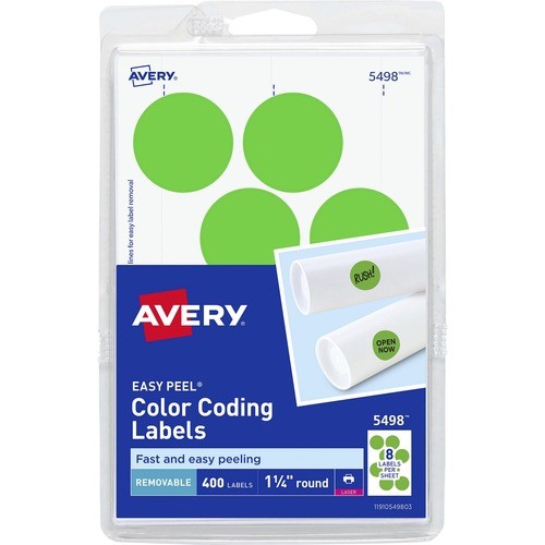 Printable Self-Adhesive Removable Color-Coding Labels, 1.25" dia, Neon Green, 8/Sheet, 50 Sheets/Pack, (5498)
