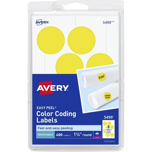 Printable Self-Adhesive Removable Color-Coding Labels, 1.25" dia, Neon Yellow, 8/Sheet, 50 Sheets/Pack, (5499)