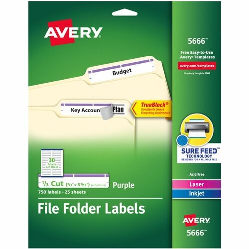 PERMANENT TRUEBLOCK FILE FOLDER LABELS WITH SURE FEED TECHNOLOGY, 0.66 X 3.44, WHITE, 30/SHEET, 25 SHEETS/PACK