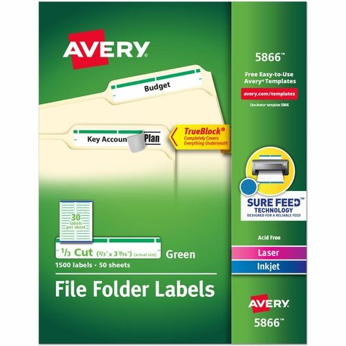 PERMANENT TRUEBLOCK FILE FOLDER LABELS WITH SURE FEED TECHNOLOGY, 0.66 X 3.44, WHITE, 30/SHEET, 50 SHEETS/BOX