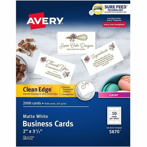 Clean Edge Business Card Value Pack, Laser, 2 x 3.5, White, 10 Cards/Sheet, 200 Sheets/Box