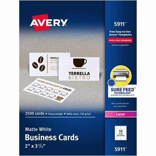 Printable Microperforated Business Cards with Sure Feed Technology, Laser, 2 x 3.5, White, 10/Sheet, 250 Sheets/Box