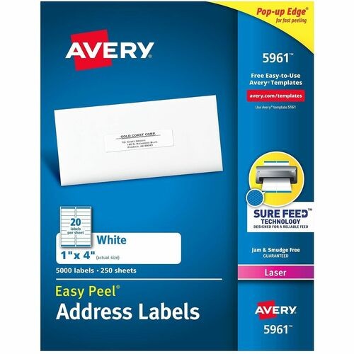 EASY PEEL WHITE ADDRESS LABELS W/ SURE FEED TECHNOLOGY, LASER PRINTERS, 1 X 4, WHITE, 20/SHEET, 250 SHEETS/BOX