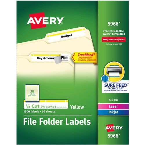 Permanent TrueBlock File Folder Labels with Sure Feed Technology, 0.66 x 3.44, Yellow/White, 30/Sheet, 50 Sheets/Box