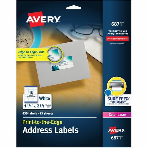 Vibrant Laser Color-Print Labels w/ Sure Feed, 1.25 x 2.38, White, 450/Pack