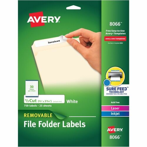 REMOVABLE FILE FOLDER LABELS WITH SURE FEED TECHNOLOGY, 0.66 X 3.44, WHITE, 30/SHEET, 25 SHEETS/PACK