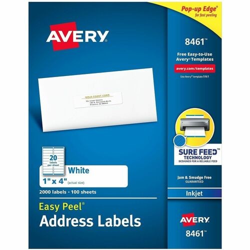 Easy Peel White Address Labels W/ Sure Feed Technology, Inkjet Printers, 1 X 4, White, 20/sheet, 100 Sheets/box