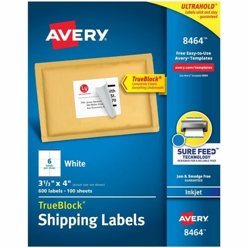 SHIPPING LABELS W/ TRUEBLOCK TECHNOLOGY, INKJET PRINTERS, 3.33 X 4, WHITE, 6/SHEET, 100 SHEETS/BOX