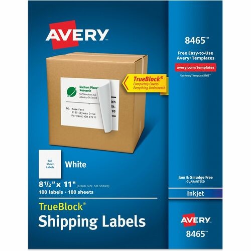 SHIPPING LABELS WITH TRUEBLOCK TECHNOLOGY, INKJET PRINTERS, 8.5 X 11, WHITE, 100/BOX