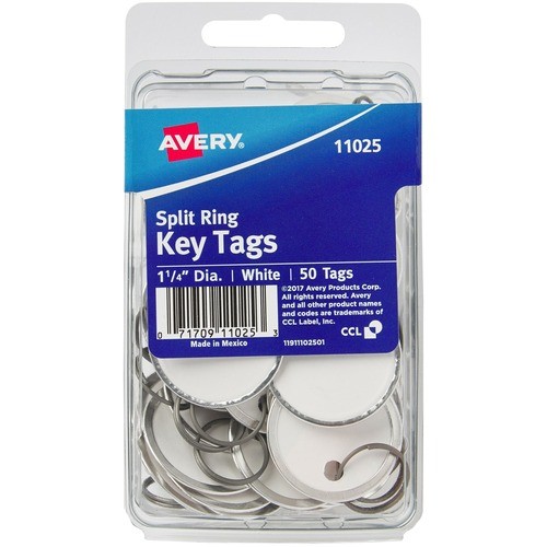Key Tags with Split Ring, 1.25" dia, White, 50/Pack