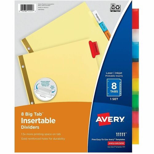 Insertable Big Tab Dividers, 8-Tab, Double-Sided Gold Edge Reinforcing, 11 x 8.5, Buff, Assorted Tabs, 1 Set