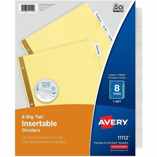Insertable Big Tab Dividers, 8-Tab, Double-Sided Gold Edge Reinforcing, 11 x 8.5, Buff, Clear Tabs, 1 Set
