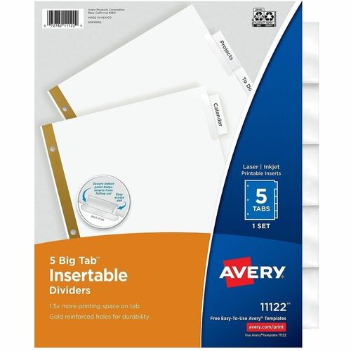 Insertable Big Tab Dividers, 5-Tab, Double-Sided Gold Edge Reinforcing, 11 x 8.5, White, Clear Tabs, 1 Set