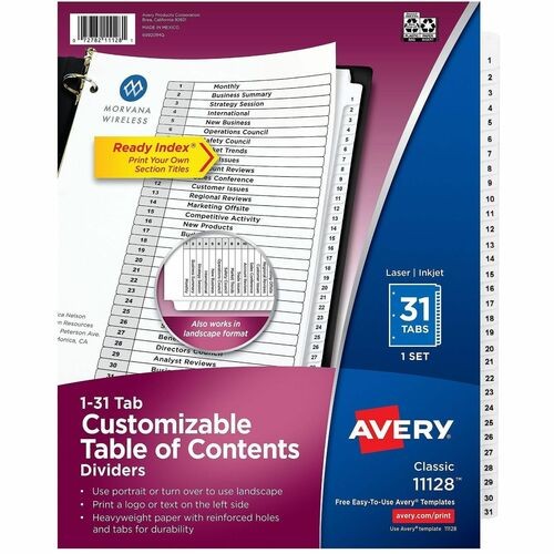 Customizable TOC Ready Index Black and White Dividers, 31-Tab, 1 to 31, 11 x 8.5, 1 Set