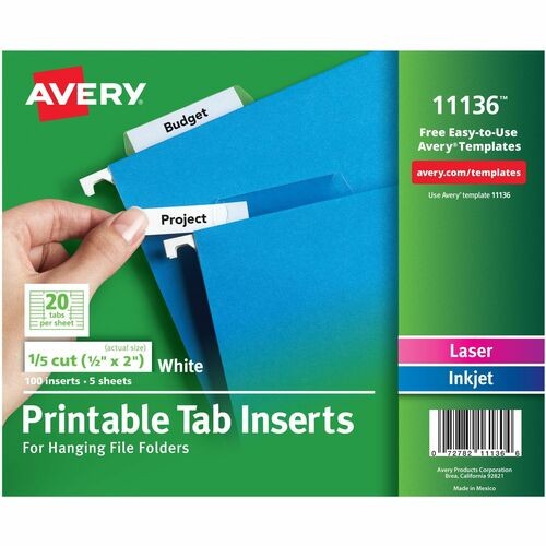 Tabs Inserts For Hanging File Folders, 1/5-Cut, White, 2" Wide, 100/Pack