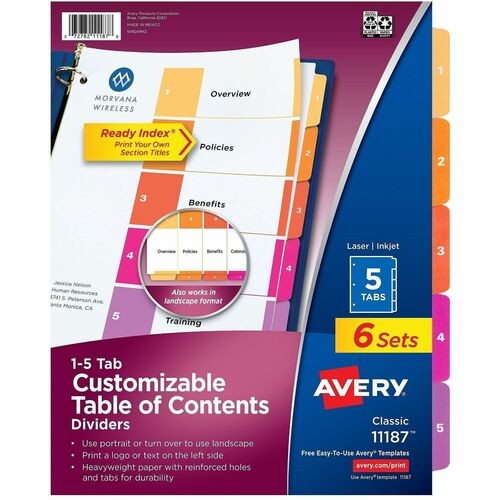 Customizable TOC Ready Index Multicolor Tab Dividers, 5-Tab, 1 to 5, 11 x 8.5, White, Traditional Color Tabs, 6 Sets