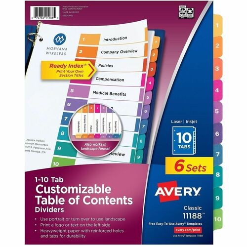 Customizable TOC Ready Index Multicolor Tab Dividers, 10-Tab, 1 to 10, 11 x 8.5, White, Traditional Color Tabs, 6 Sets