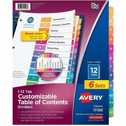 Customizable TOC Ready Index Multicolor Tab Dividers, 12-Tab, 1 to 12, 11 x 8.5, White, Traditional Color Tabs, 6 Sets