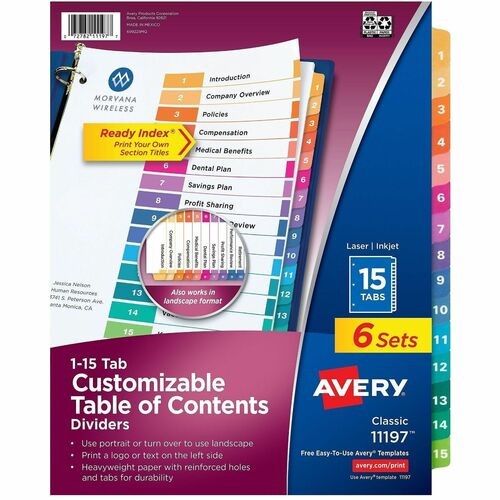 Customizable TOC Ready Index Multicolor Tab Dividers, 15-Tab, 1 to 15, 11 x 8.5, White, Traditional Color Tabs, 6 Sets