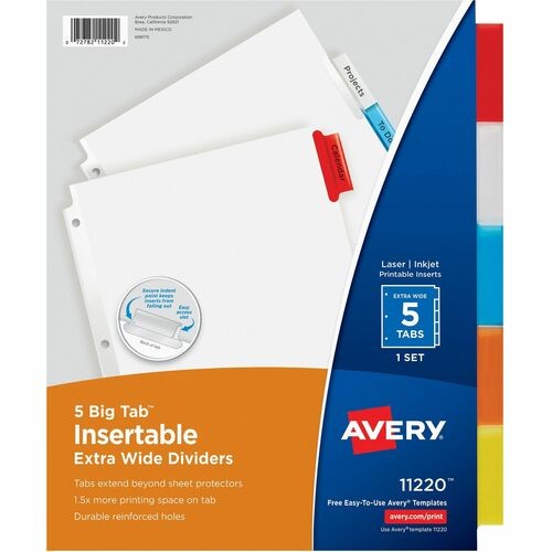 Insertable Big Tab Dividers, 5-Tab, Single-Sided Copper Edge Reinforcing, 11.13 x 9.25, White, Assorted Tabs, 1 Set