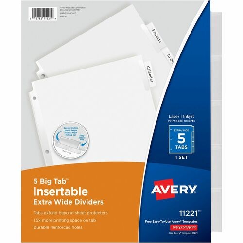 Insertable Big Tab Dividers, 5-Tab, Single-Sided Copper Edge Reinforcing, 11.13 x 9.25, White, Clear Tabs, 1 Set