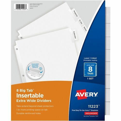 Insertable Big Tab Dividers, 8-Tab, 11.13 x 9.25, White, Clear Tabs, 1 Set