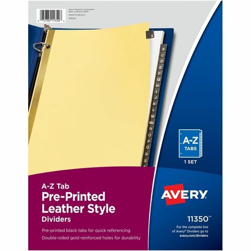 Preprinted Black Leather Tab Dividers w/Gold Reinforced Edge, 25-Tab, A to Z, 11 x 8.5, Buff, 1 Set