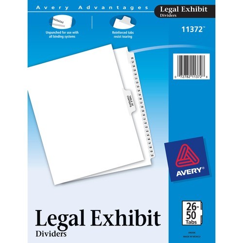 PREPRINTED LEGAL EXHIBIT SIDE TAB INDEX DIVIDERS, AVERY STYLE, 26-TAB, 26 TO 50, 11 X 8.5, WHITE, 1 SET