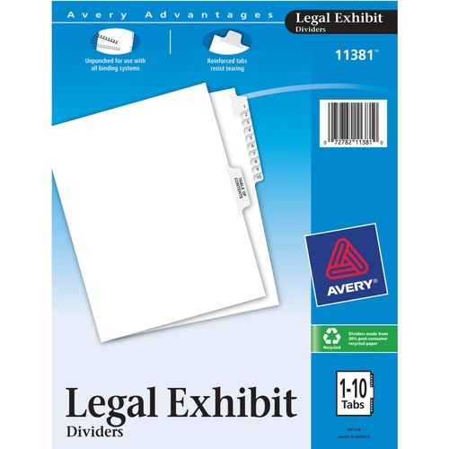 PREPRINTED LEGAL EXHIBIT SIDE TAB INDEX DIVIDERS, AVERY STYLE, 11-TAB, 1 TO 10, 11 X 8.5, WHITE, 1 SET