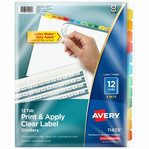 Print and Apply Index Maker Clear Label Dividers, 12-Tab, Color Tabs, 11 x 8.5, White, 5 Sets