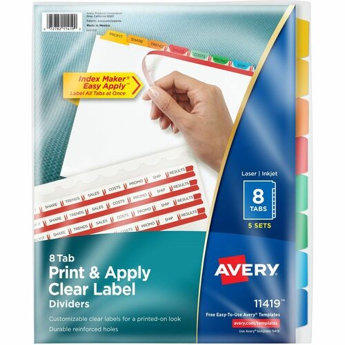 Print and Apply Index Maker Clear Label Dividers, 8-Tab, Color Tabs, 11 x 8.5, White, Traditional Color Tabs, 5 Sets
