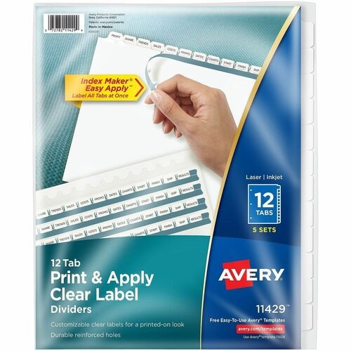 Print and Apply Index Maker Clear Label Dividers, 12-Tab, White Tabs, 11 x 8.5, White, 5 Sets