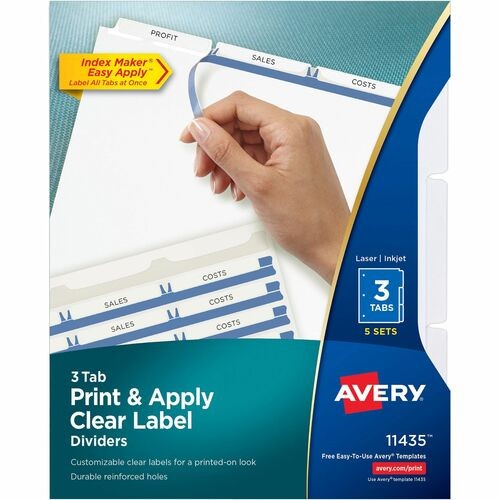 Print and Apply Index Maker Clear Label Dividers, 3-Tab, White Tabs, 11 x 8.5, White, 5 Sets